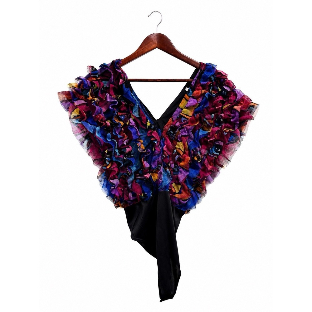 Live 4 Truth Ruffle Mesh Bodysuit Top Multicolor Sheer Sz Medium Festival V Neck - Picture 3 of 9